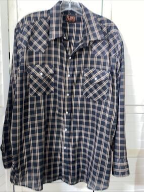 Y2K Plains Western Wear Shirt Mens XL Brown Plaid Pearl Snap Long Sleeve